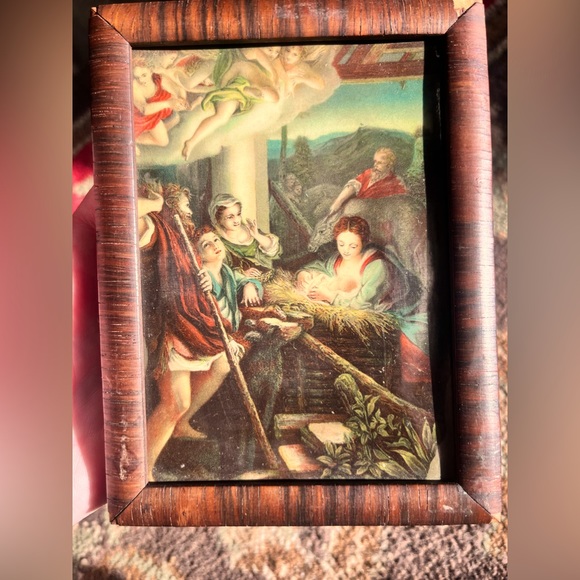 Vintage Art Vtg Nativity Art Decor Piece Cherry Wood Frame Religious Angels Manger Mary